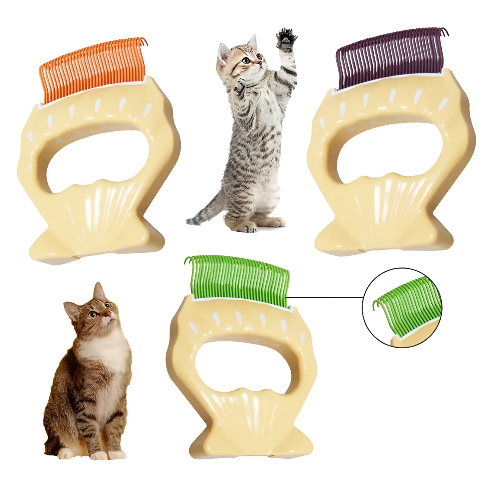 Green shell shaped plastic pet grooming comb with fine bent wire bristles on a white background.