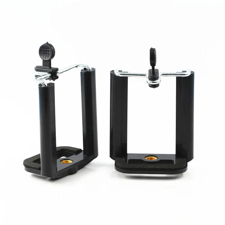 Black U clip plastic mobile phone holder bracket attached to a pole with a phone secured in the adjustable grip.