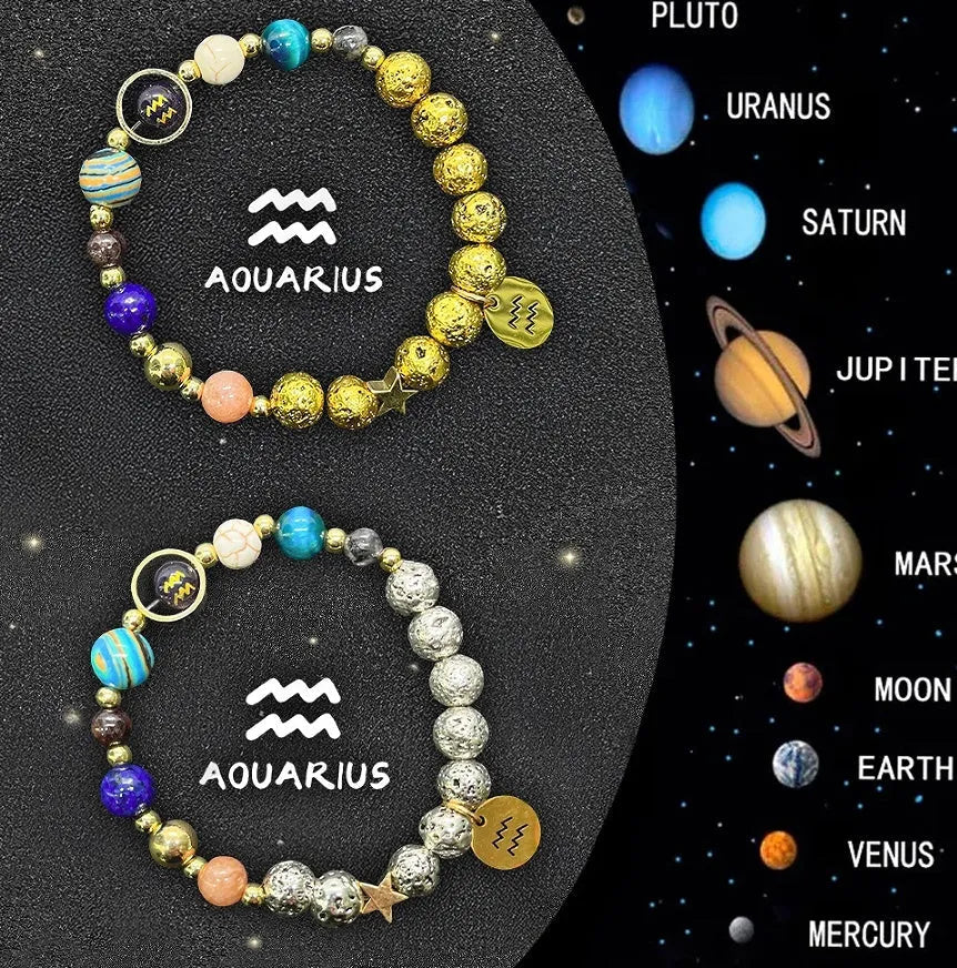 Set of twelve natural stone beaded bracelets, each representing a different zodiac sign.