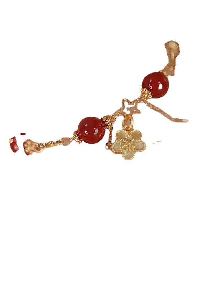 Handmade double layer red agate bracelet with peach blossom and flower design for women.