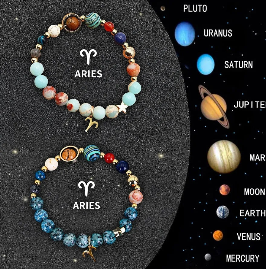 Two natural stone beaded bracelets with adjustable cords, presented as a zodiac sign bracelet set.