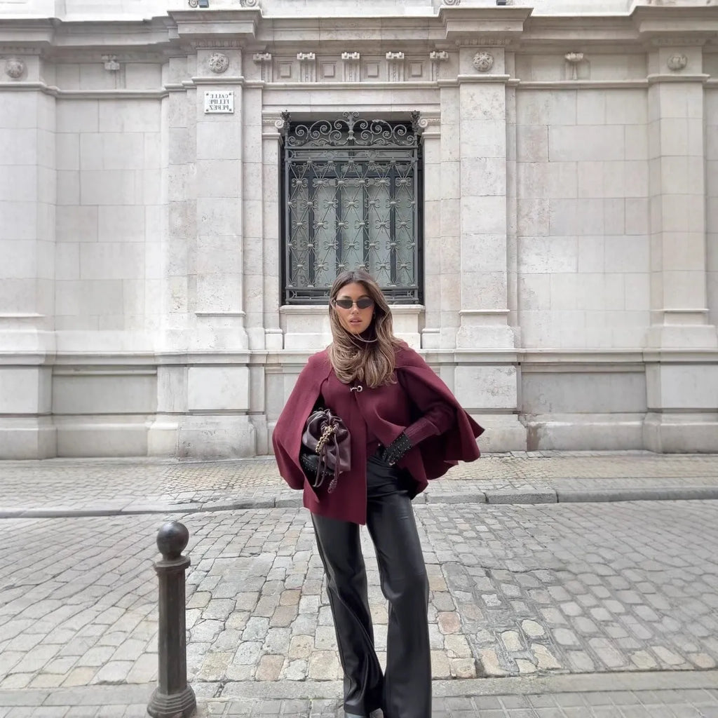 Cape round neck long sleeve knitted sweater coat in solid dark gray with regular sleeves for street fashion style