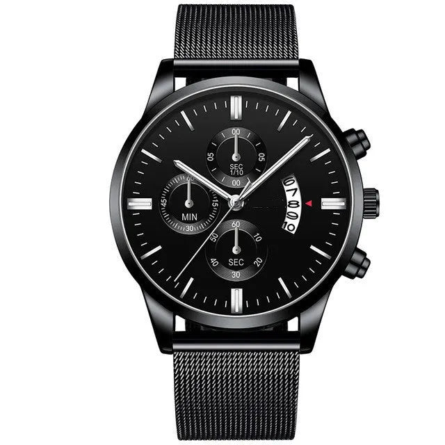 Men's stainless steel quartz watch with mesh band and two-tone case on wrist