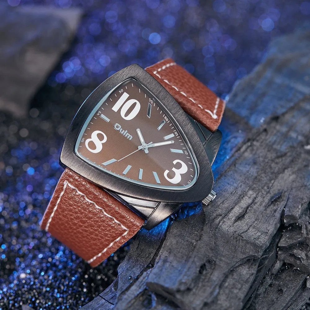 Men's triangular quartz watch with leather-style strap in brown colour showing 9mm case thickness