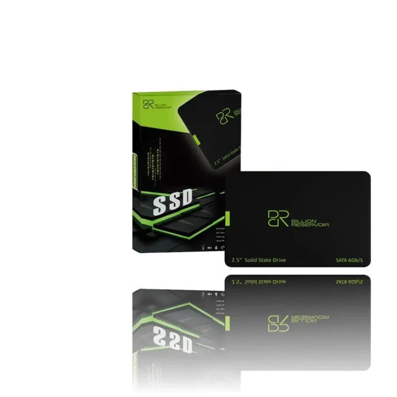 Black plastic solid state drive with SATA 3.0 interface showing capacity options from 128GB to 2TB