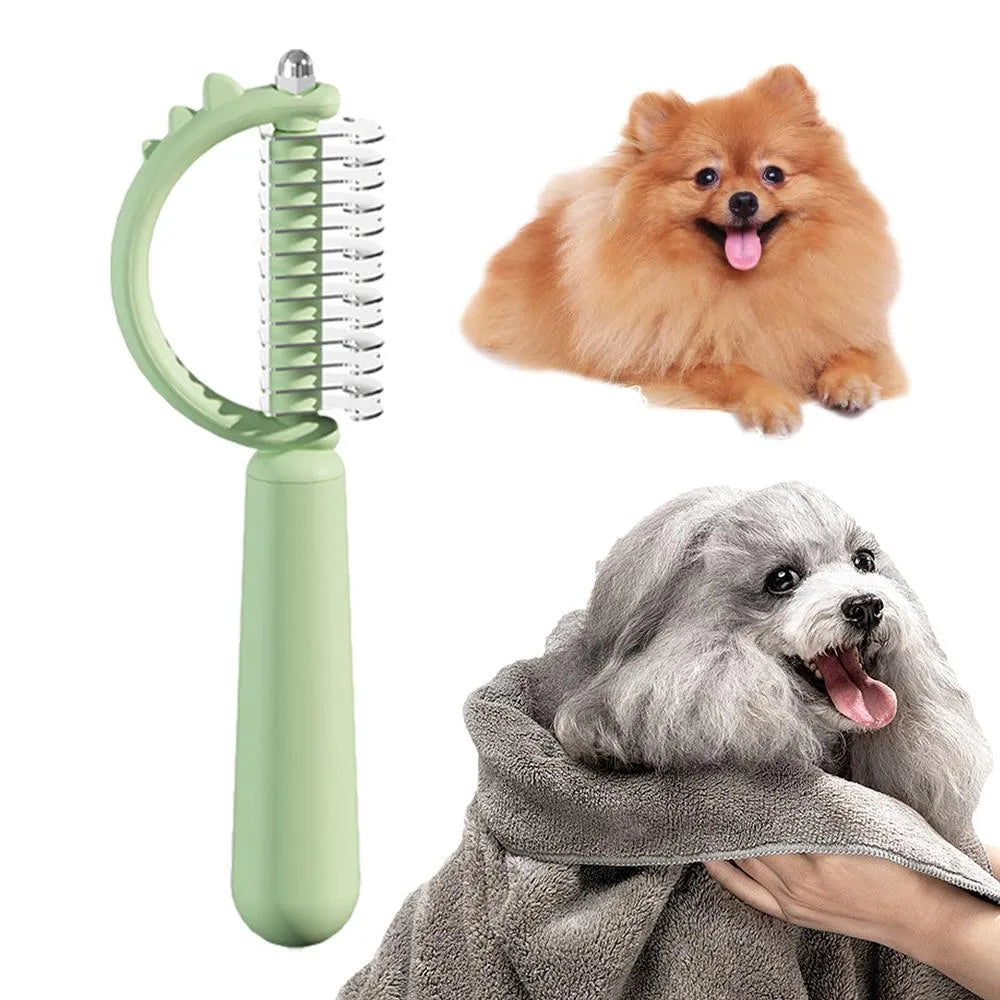 Blue dinosaur-shaped cat brush with self-cleaning button and double-sided bristles