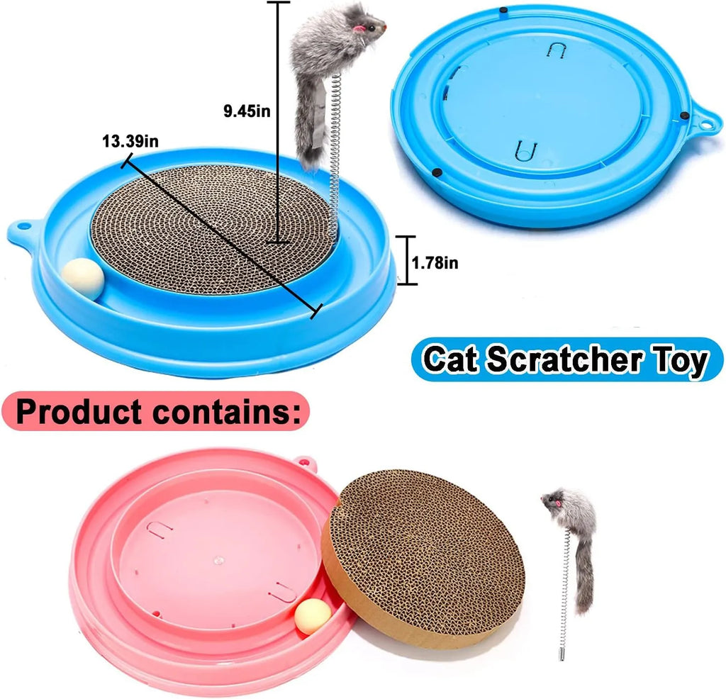 Blue circular cat scratcher with ball track and replaceable centre scratching pad
