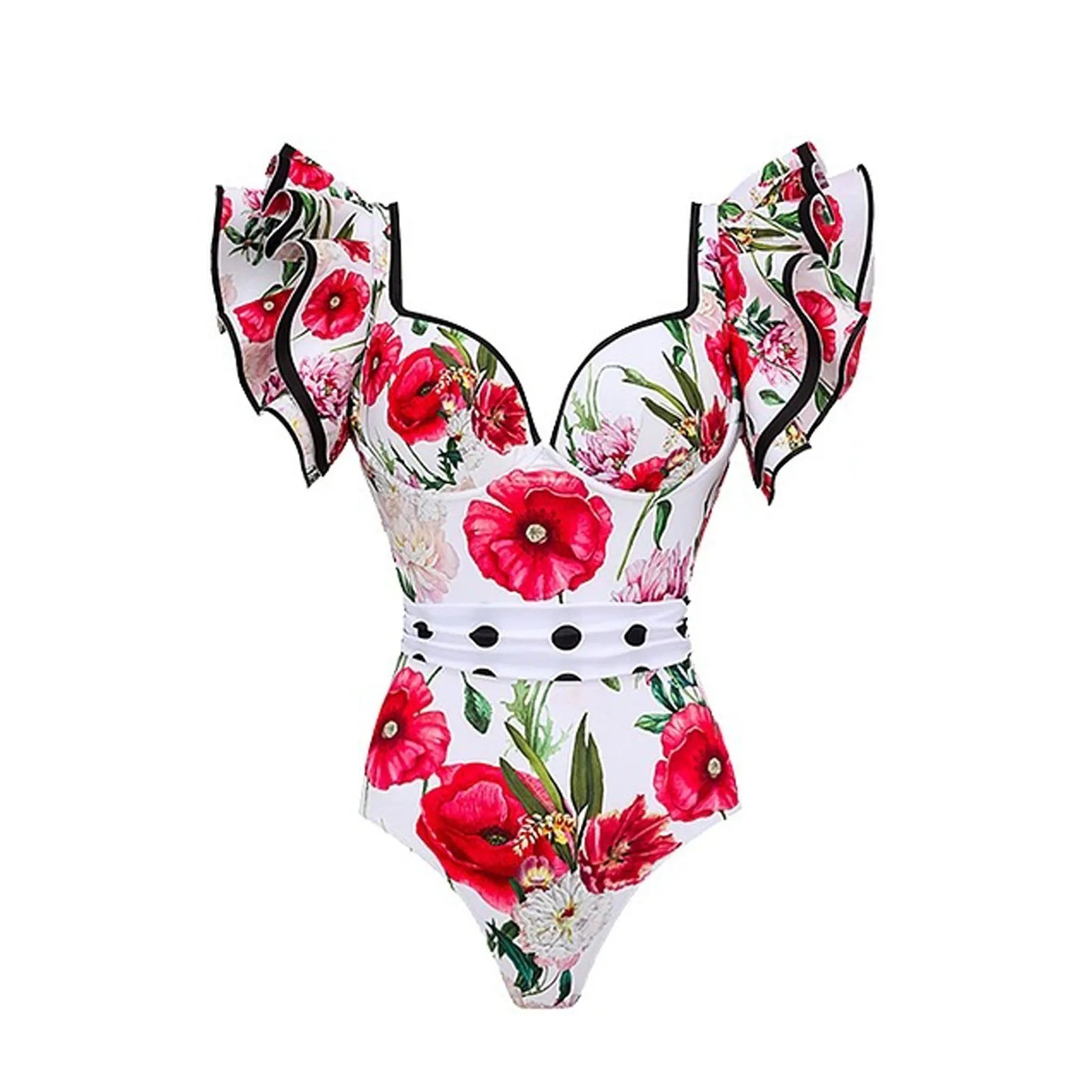 Women's printed polyester one-piece swimsuit available in multiple colours and styles