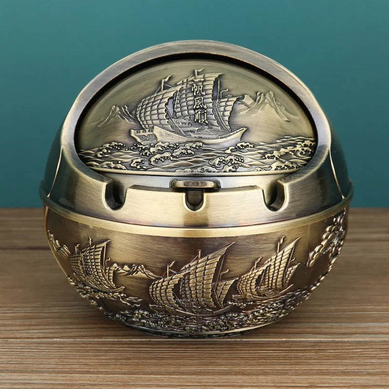 Alloy ashtray with smoke extinguishing slot in bronze finish featuring decorative dragon and phoenix design