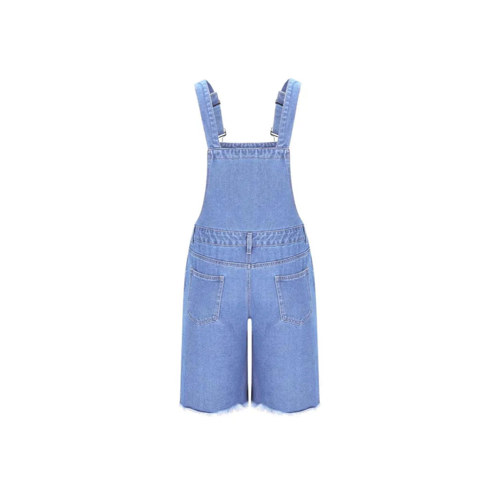 Men's ripped denim shorts with suspenders in dark blue, light blue, and black colours.