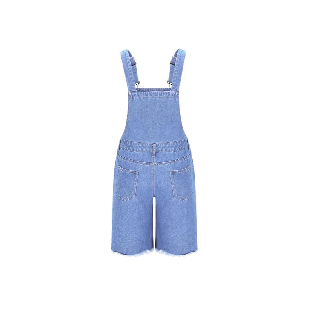 Men's ripped denim shorts with suspenders in dark blue, light blue, and black colours.