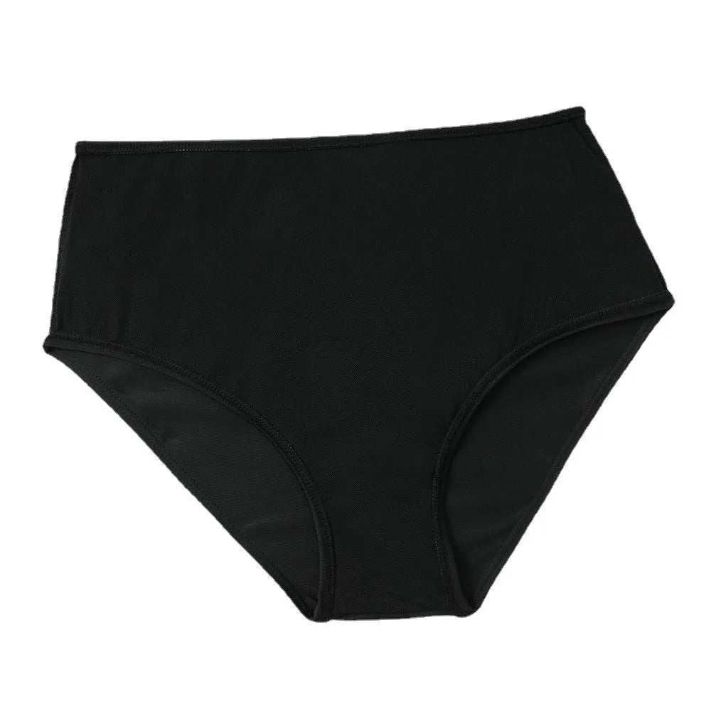 Women's black high-waist double-layer swimsuit with tropical coconut tree print and adjustable back tie.