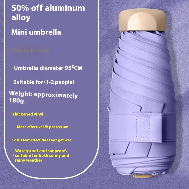 Compact five-fold sun umbrella with a gradient vinyl-laminated canopy and an alloy frame.