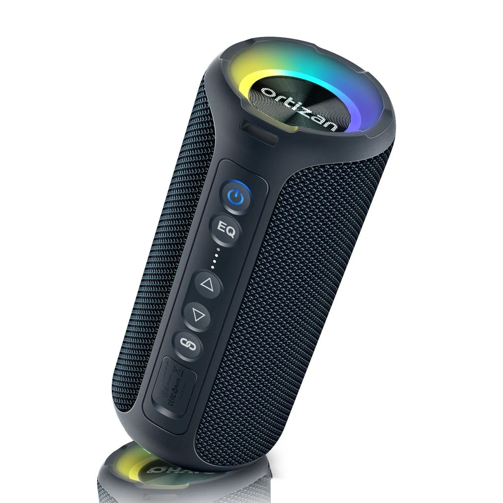 Black and blue fabric Bluetooth speaker with RGB lighting and waterproof construction