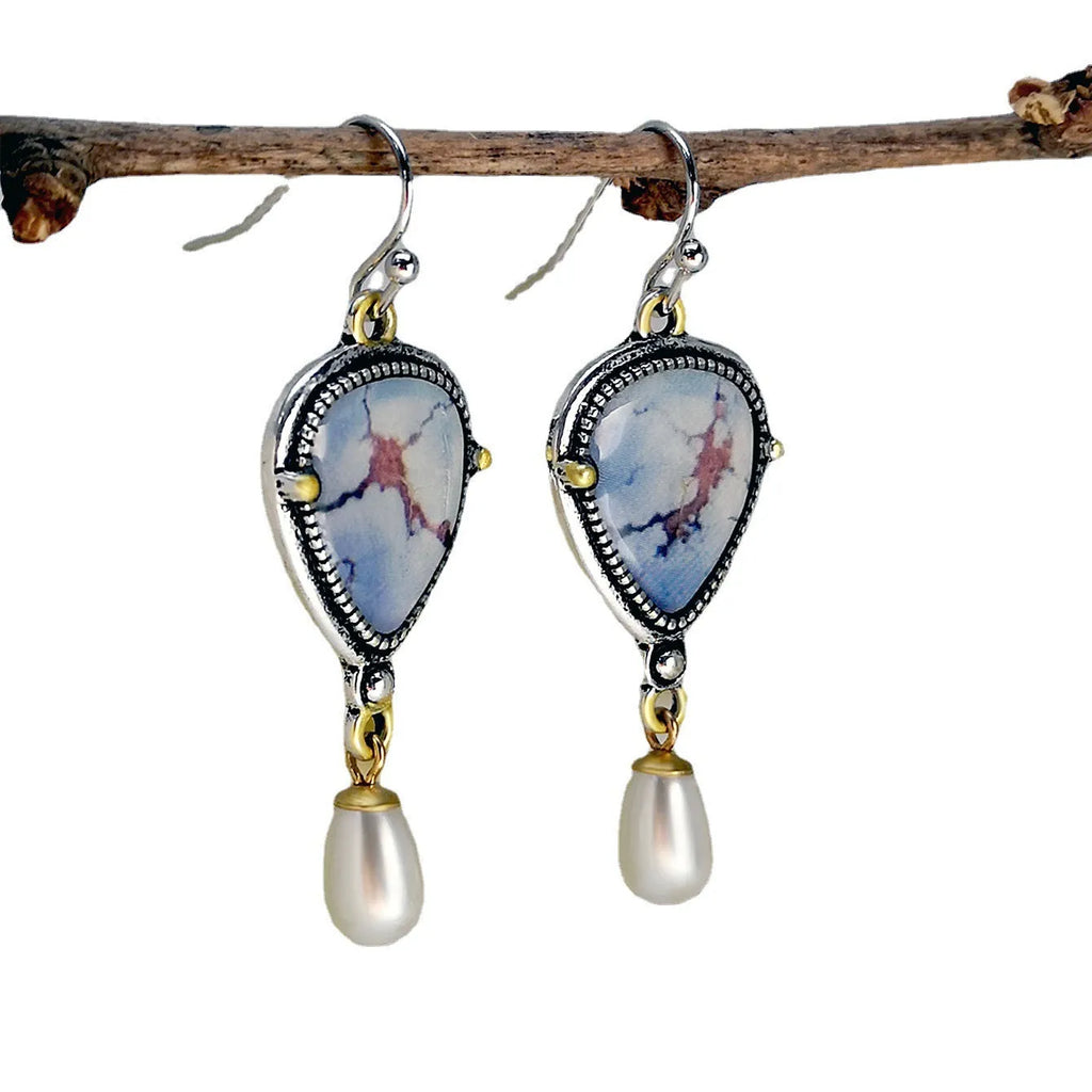 Retro blue geometric drop earrings with synthetic opal and pearl on electroplated metal