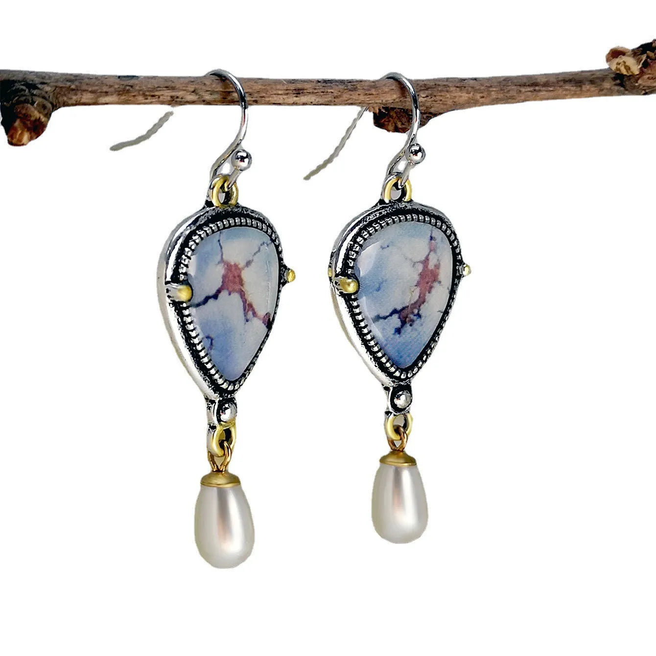 Retro blue geometric drop earrings with synthetic opal and pearl on electroplated metal