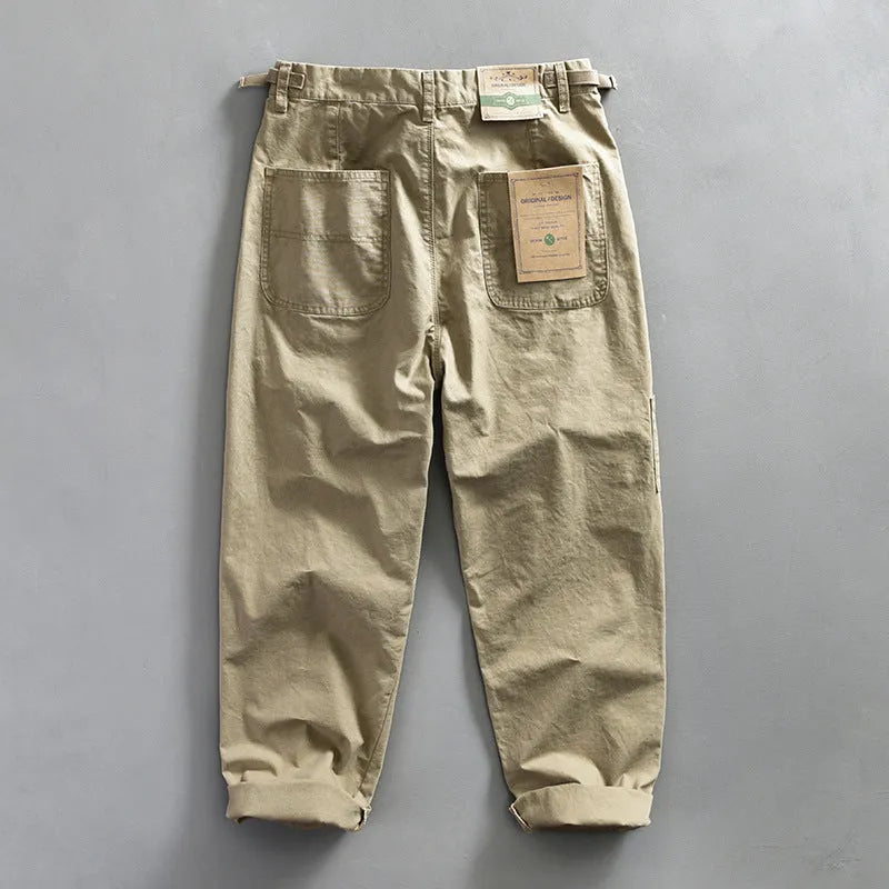 Young men's cotton straight-leg workwear casual trousers in apricot, brown, and army green, sizes 29 to 38