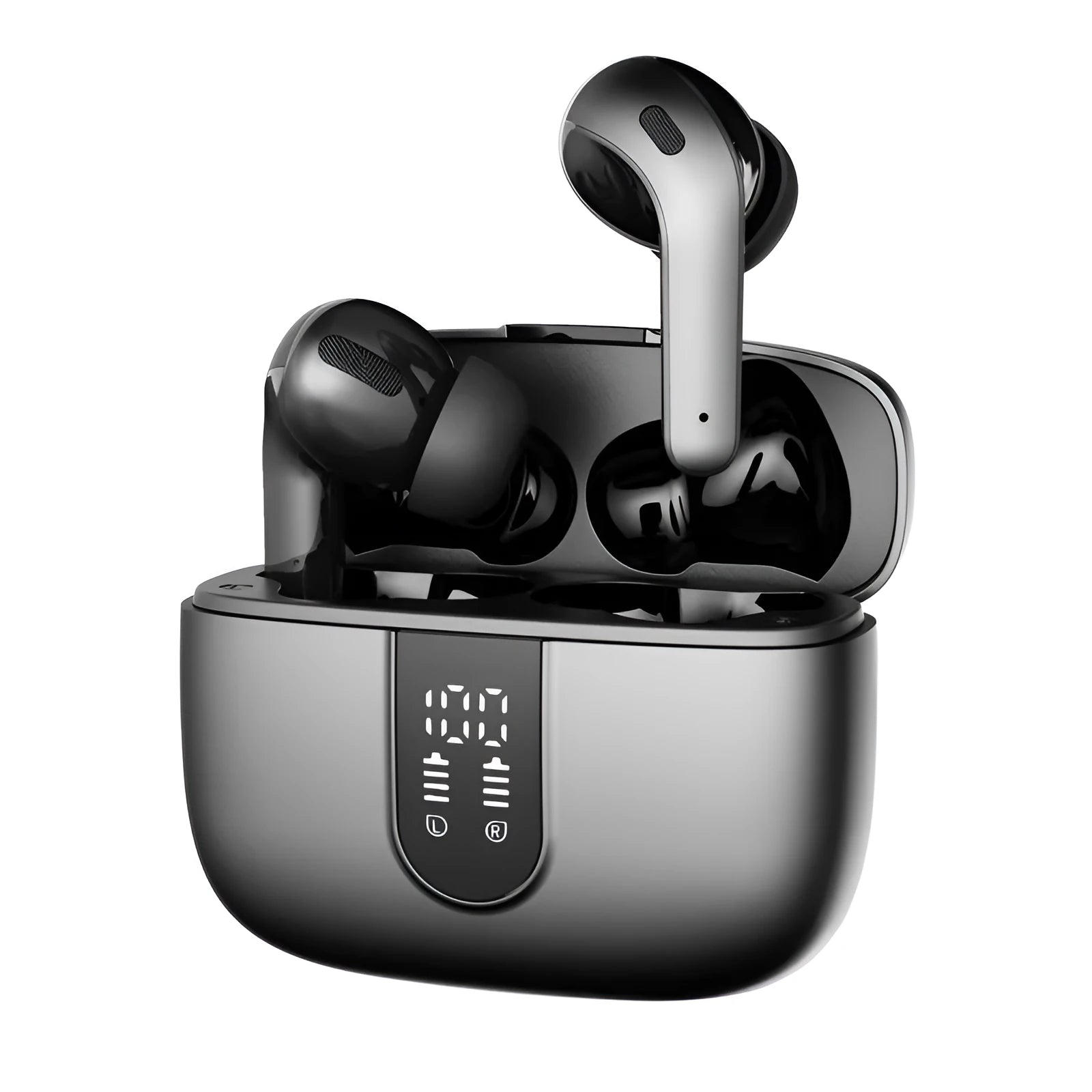 Jerry X08 wireless in-ear headphones with digital display showing pairing status