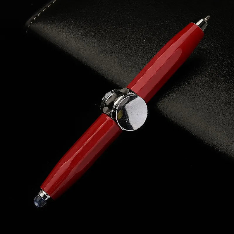 Metal gyro ballpoint pen with LED decompression spinner showing 10.5cm length and 12 ink colour options