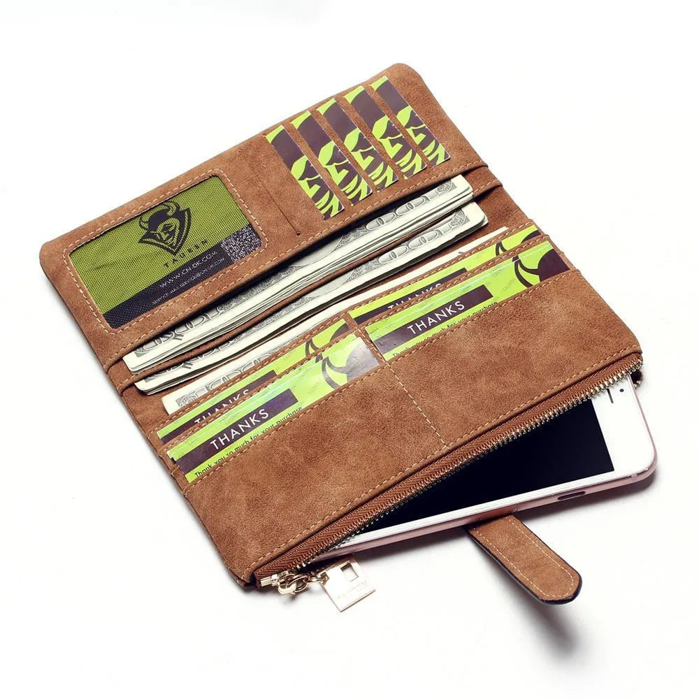 Korean retro long wallet in PU leather showing vertical design, zip closure, and open view of internal compartments.