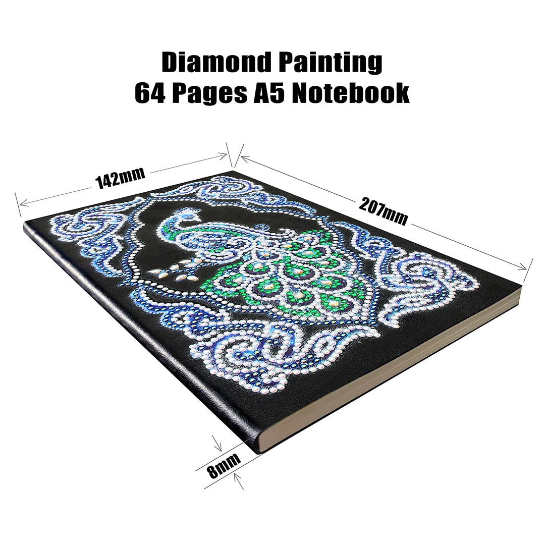 A5 black hardcover diamond painting notebook kit with peacock design, shaped drills, and bright drills.