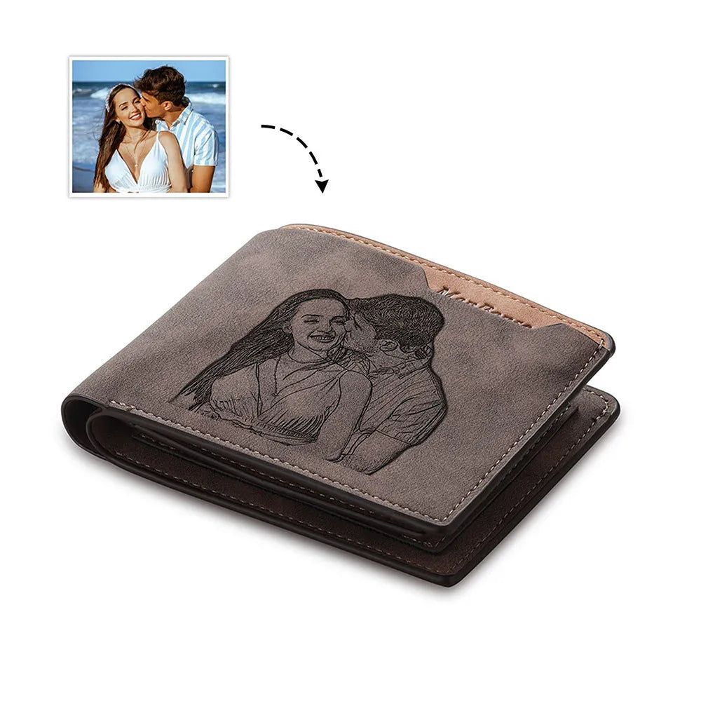 Coffee colour engraved horizontal short wallet with custom lettering on PU leather