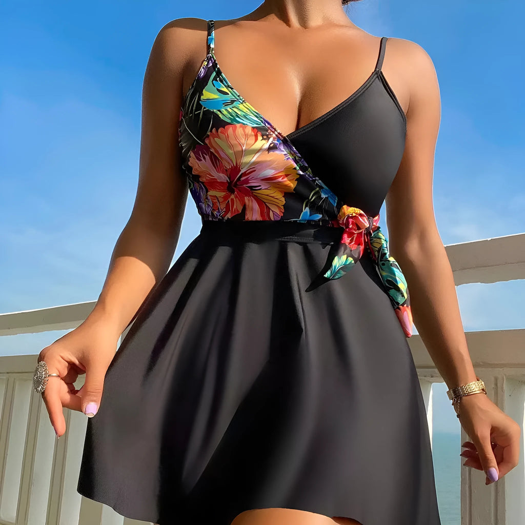 Black women's high waist briefs with a printed split bikini design for sports and swimming.