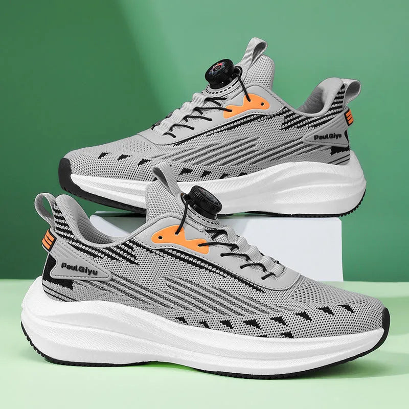 Men's black and gray Fly-knit casual running shoes with a rotating buckle on the laces.