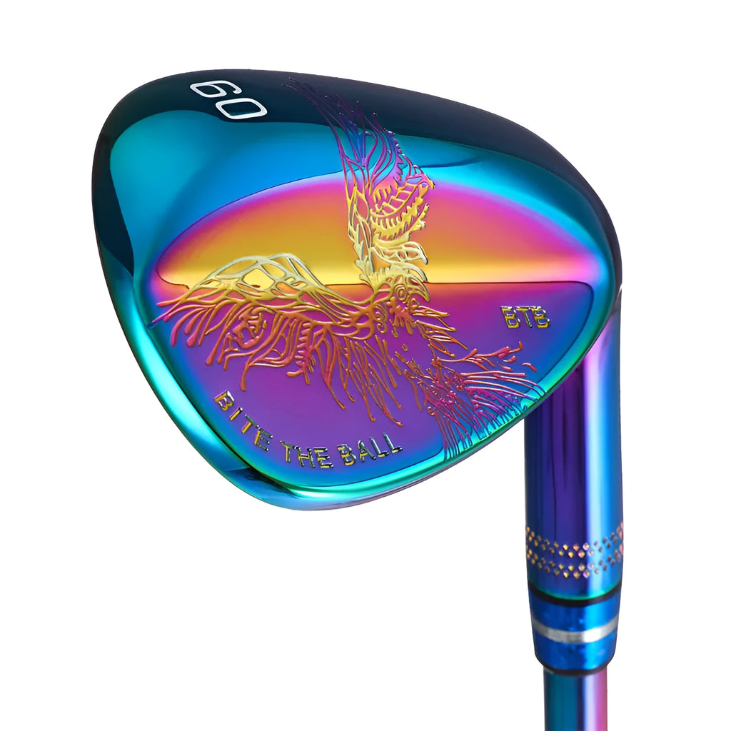 Forged golf wedge with blue casing, CNC eagle pattern face, natural rubber grip, 890mm length
