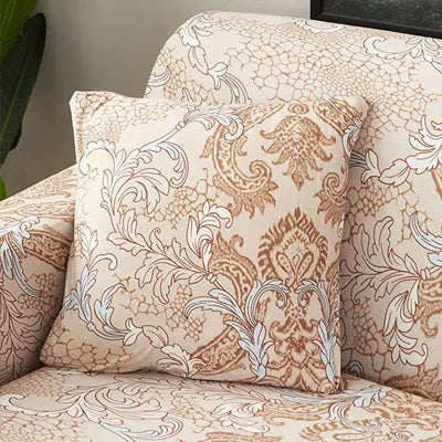 Geometric print polyester sofa slipcover stretched over sofa with matching pillowcase