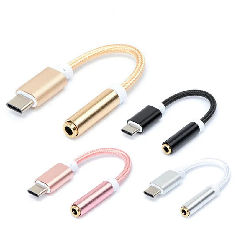 Type-C to 3.5mm headphone adapter cable with nylon braiding in four colour options