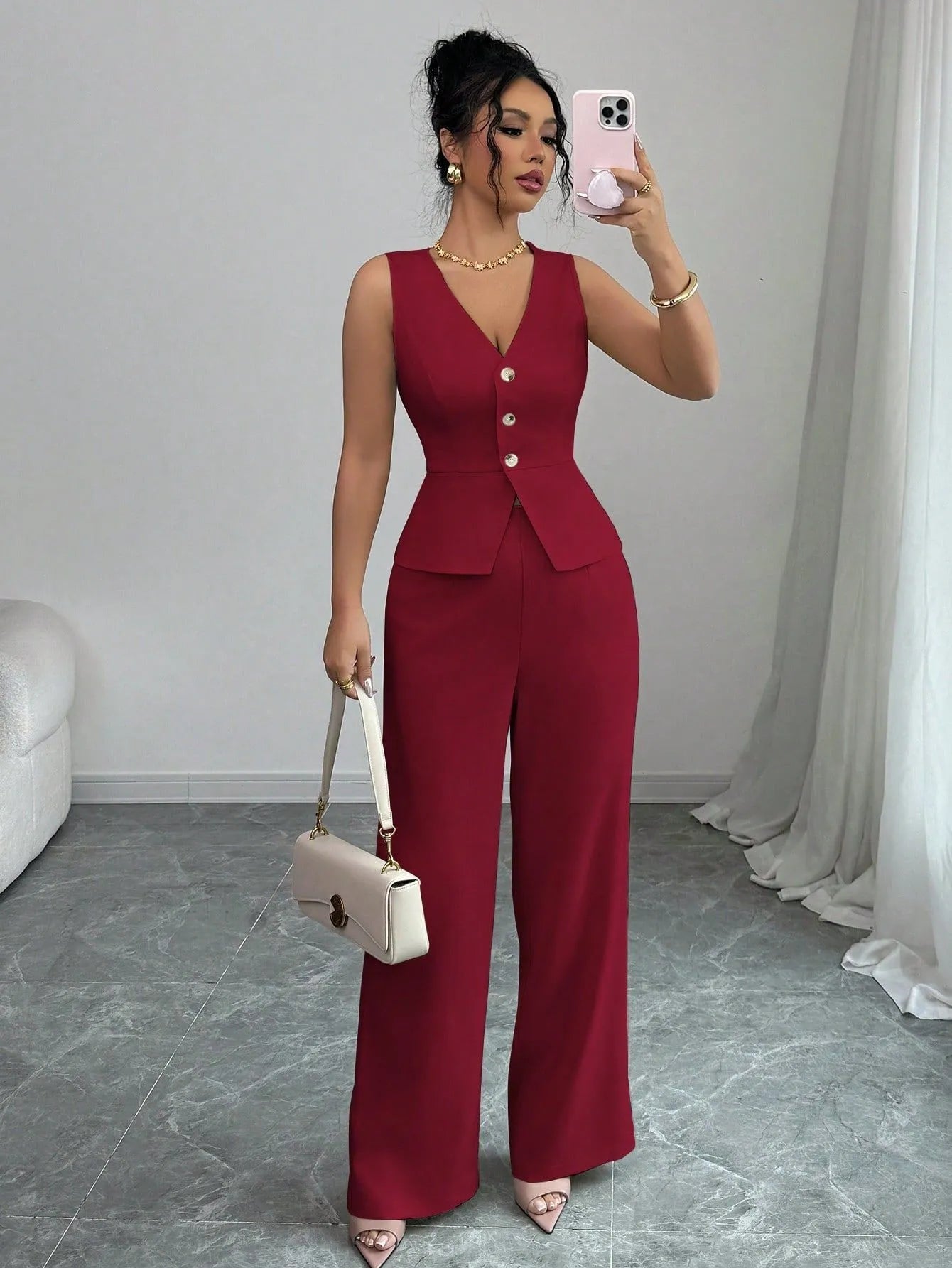 Women's sleeveless vest and high waist trousers two-piece set in solid colour