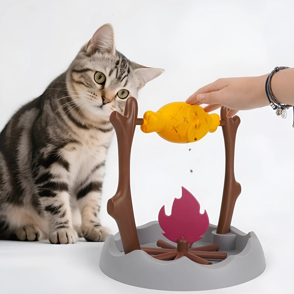 Barbecue-style tumbling cat food feeder toy measuring 30x30x29cm with interactive leakage design