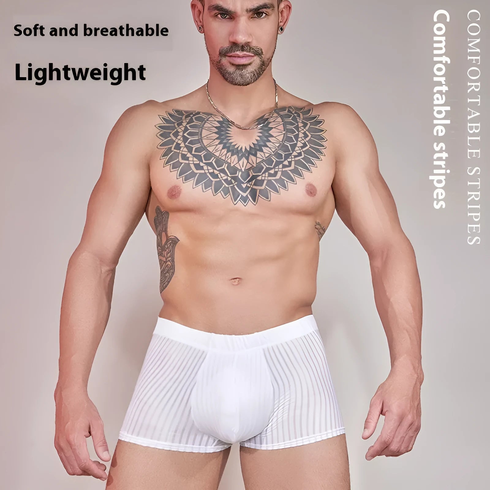 Men's striped underwear in thin transparent nylon fabric showing black, white, and dark grey colour options