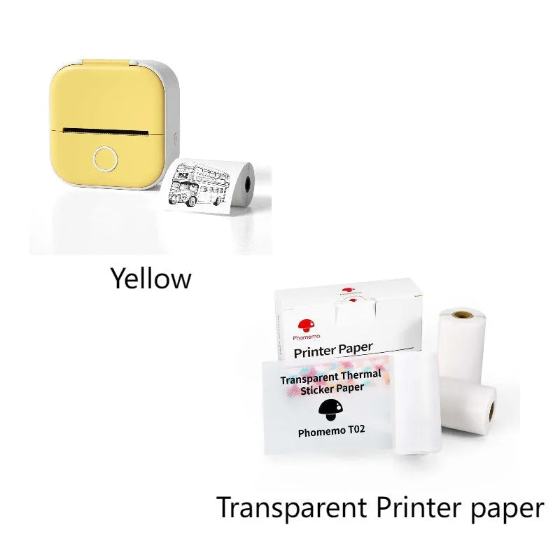 Phomemo T02 mini thermal label printer in white, showing front view with roll of sticky paper
