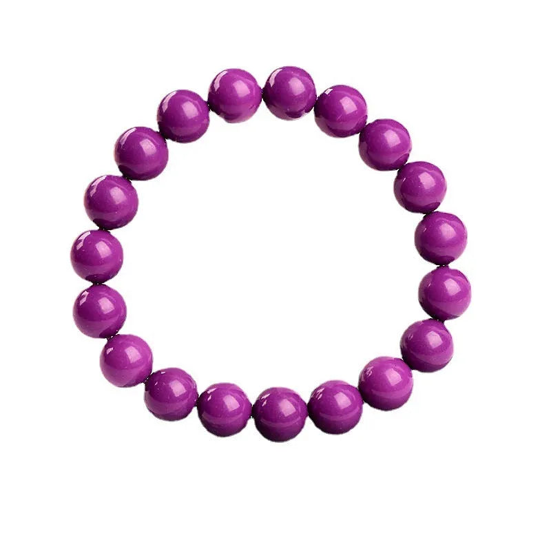 Jiuya polished crystal bracelet in 5A purple mica colour, showing single circle beads in one of three available sizes.