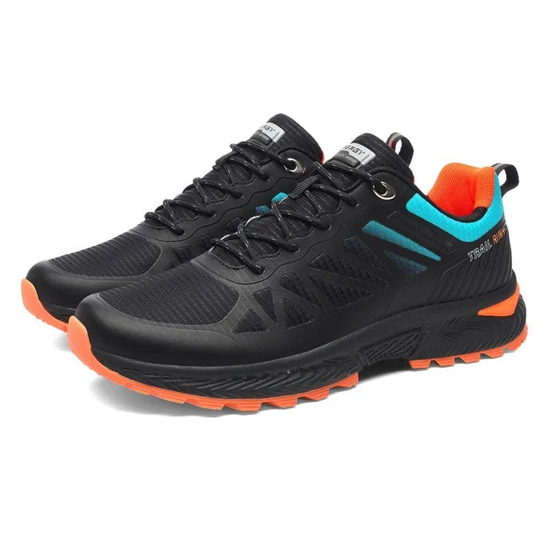 Men's black and grey breathable mesh running shoes with round toe and flat heel on a white background.