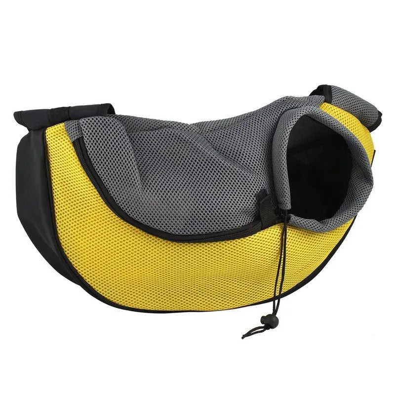 Blue pet carrier backpack for small dogs or cats with mesh window and adjustable straps