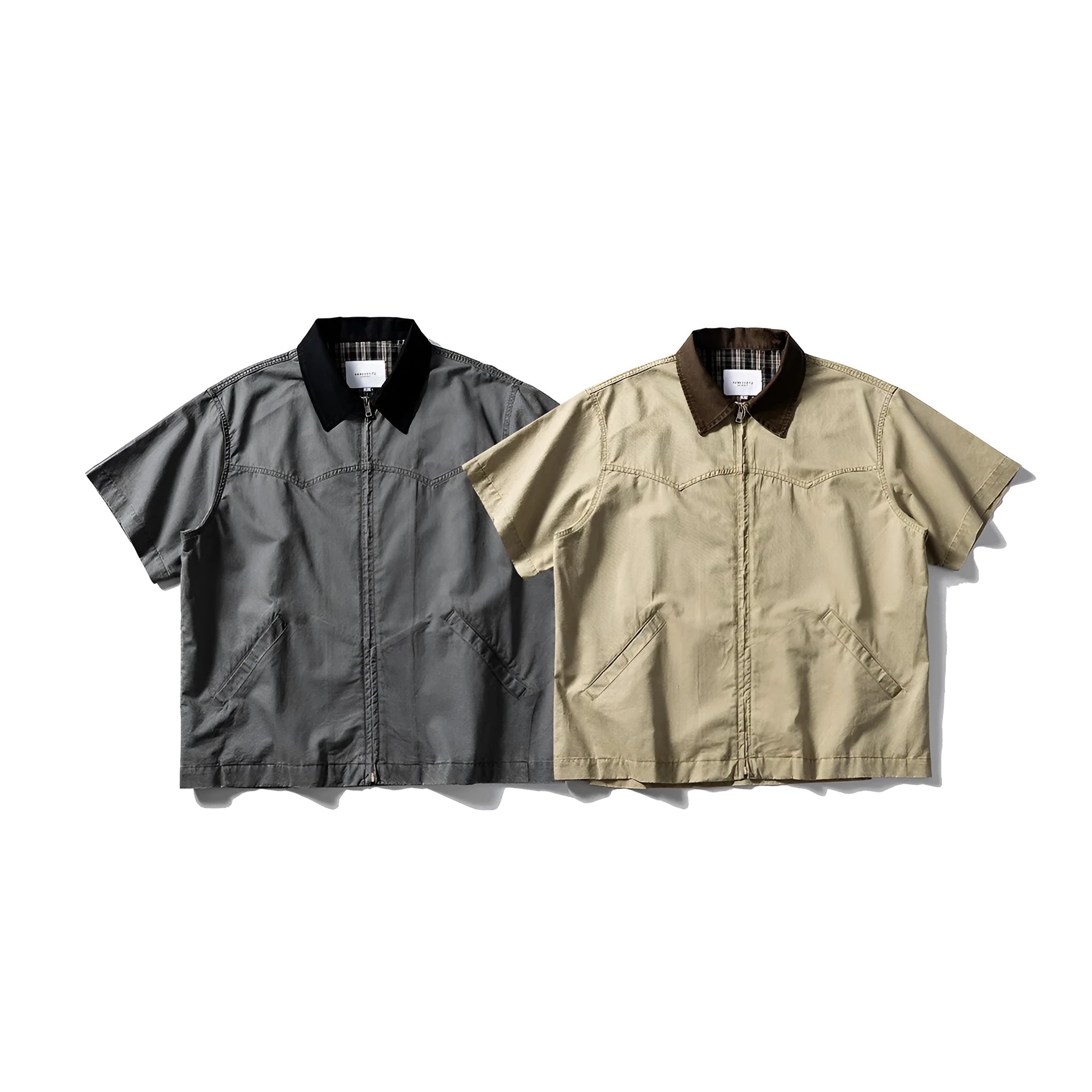 Khaki and grey cotton short sleeve overall shirt with loose fit cardigan styling for teenagers