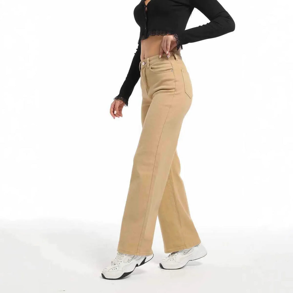 Women's autumn straight jeans in wide leg design, apricot colour, high waist