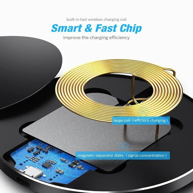 Ultra-thin black wireless charging pad with compact square design showing 9V fast charging capability