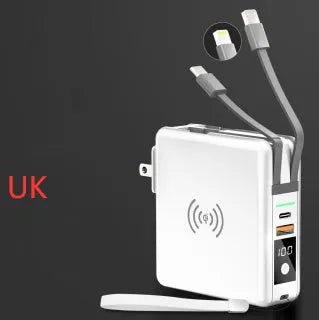 Black PD20W power bank with wireless charging and flip-out UK US EU AU plug adapters
