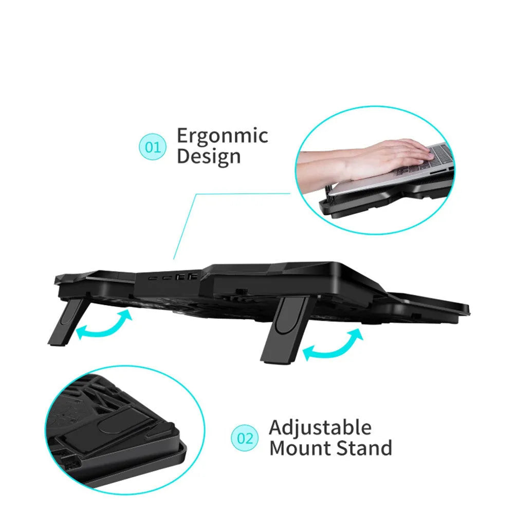 Blue laptop cooling base with four LED fans and integrated USB ports for computer temperature control