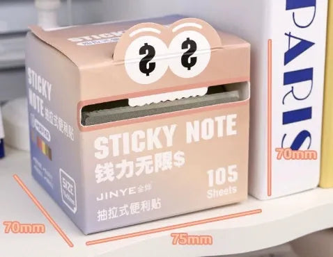Boxed set of transparent pull-out sticky notes pad with 105 pages in six colour theme options