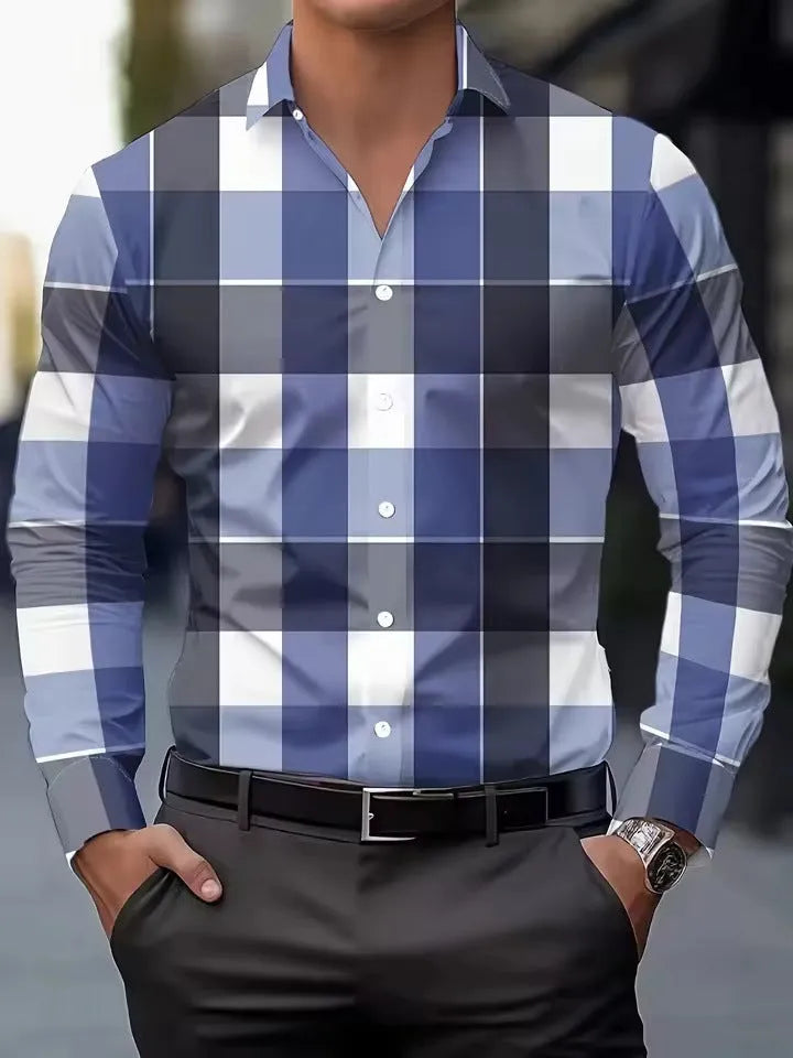 Man wearing a printed long sleeve shirt with a button lapel collar, showing the striped pattern.