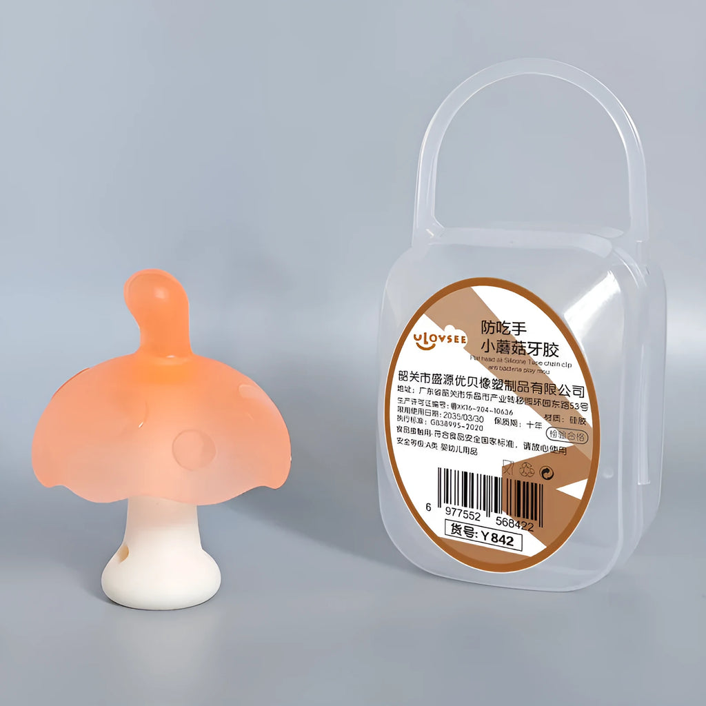 Small mushroom-shaped latex novelty gum in a transparent box with an optional nano chain attached.
