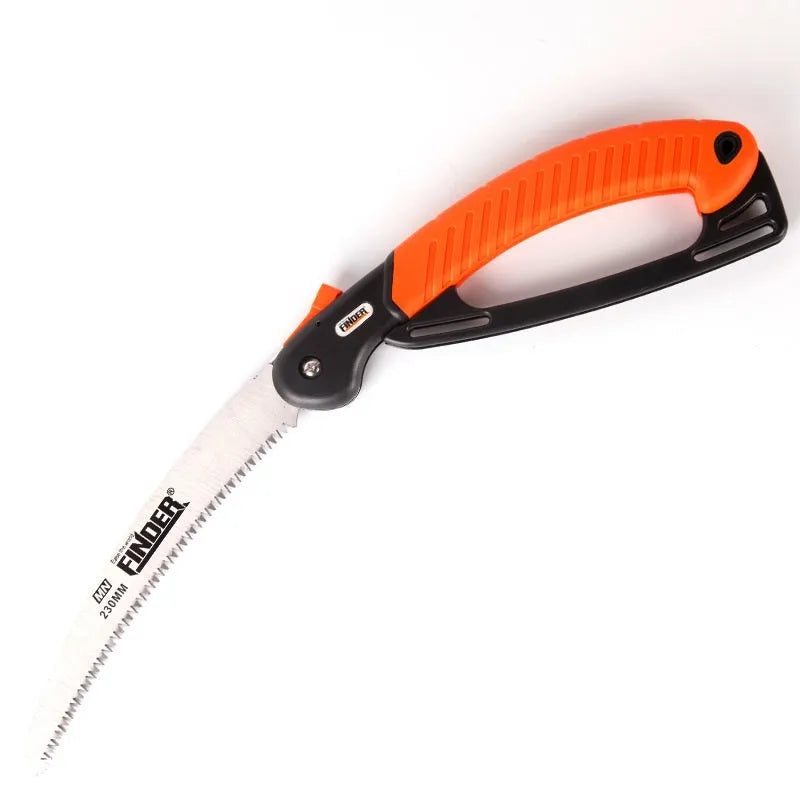 A folded and unfolded view of a 9-inch garden saw with a TPR grip and 65MN steel blade.