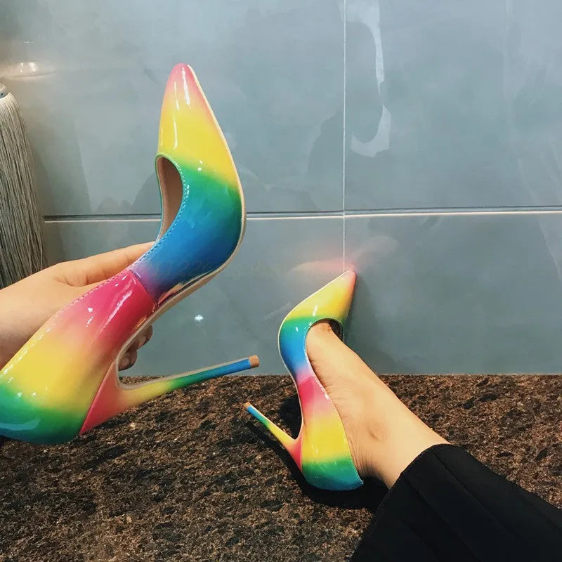 Rainbow patent leather women's stiletto heels with pointed toe in 10cm and 12cm heel height options