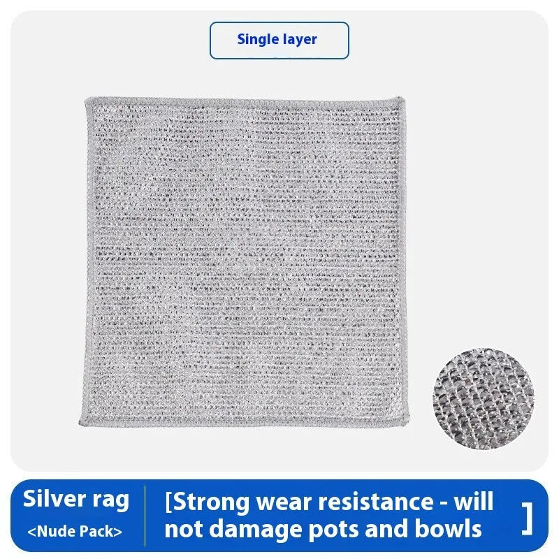 Silver steel wire and microfiber double-sided cleaning rag for scrubbing pots and wiping bowls.