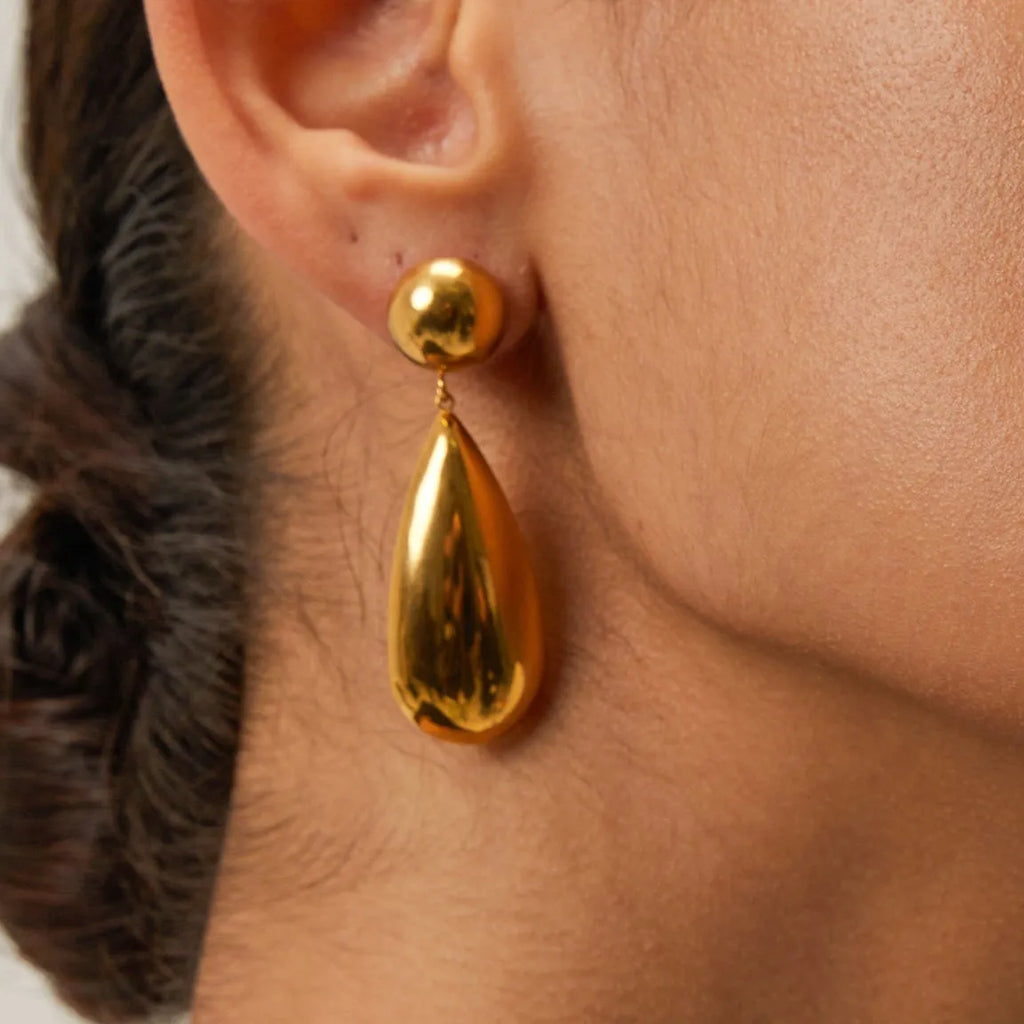 Gold stainless steel water drop earrings with geometric hemisphere pendants for women